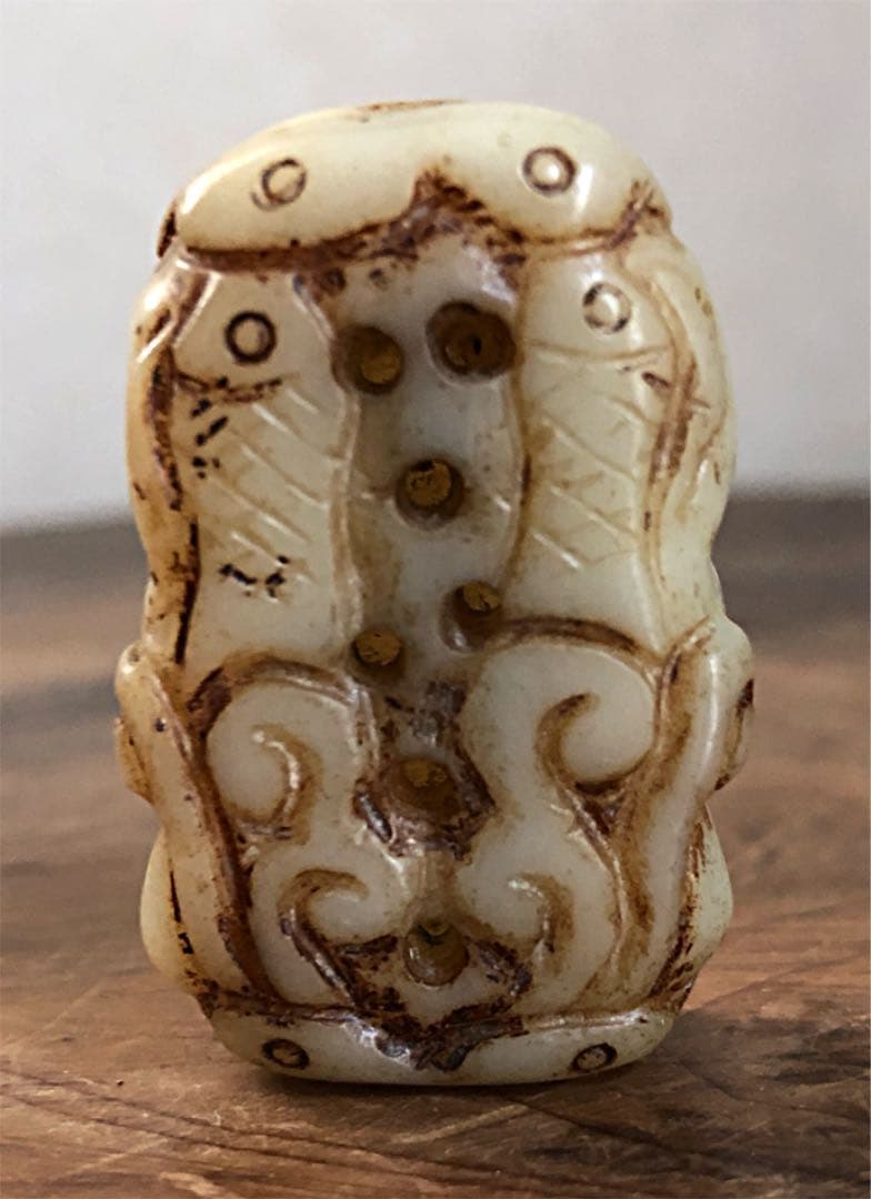 中国美術 老白玉 細密両面双魚刻 古玩 根付 ペンダント 23㌘