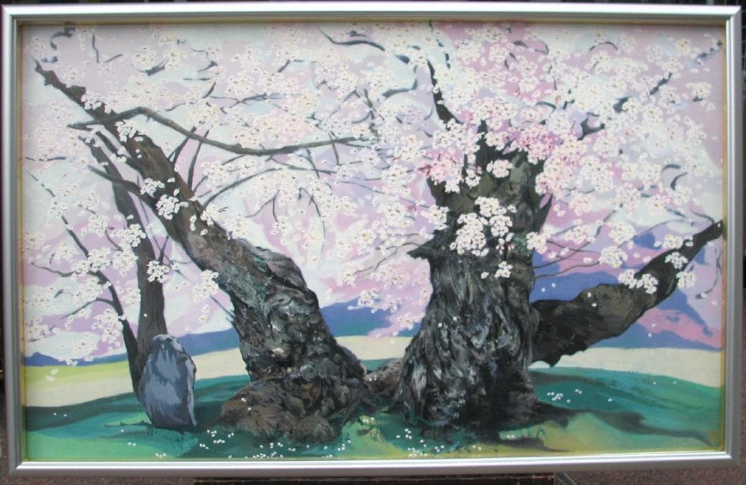 川島眞佐「石部桜」M50号油彩,会津の有名桜,見事な枝ぶり描写,晴れやかな大傑作