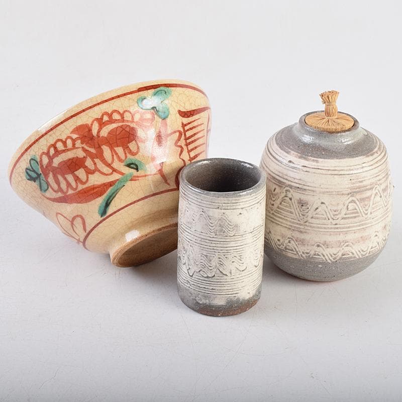 茶道具　平安　籃峰斎作　茶籠　茶碗　独楽棗など　七点一式　仕覆付　Y　R9517