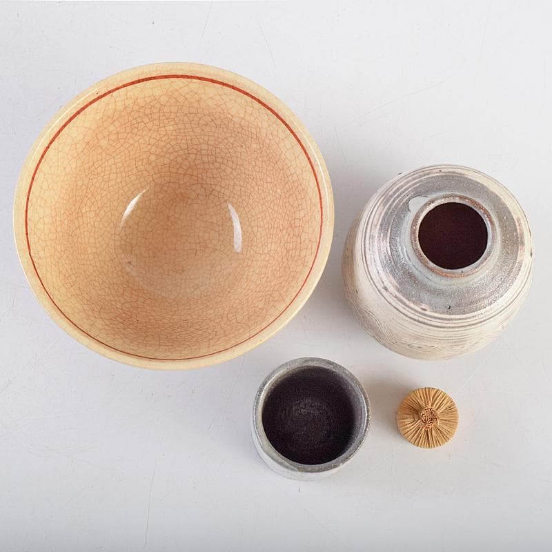 茶道具　平安　籃峰斎作　茶籠　茶碗　独楽棗など　七点一式　仕覆付　Y　R9517