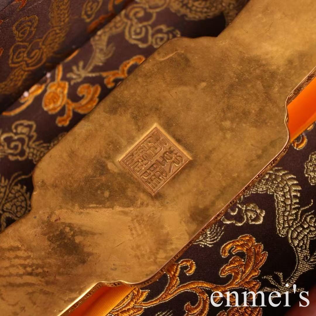 中国古美術・旧蔵透彫鎏金如意置物・純銅製・鏨刻鎏金・純手作り・箱付き・文房具