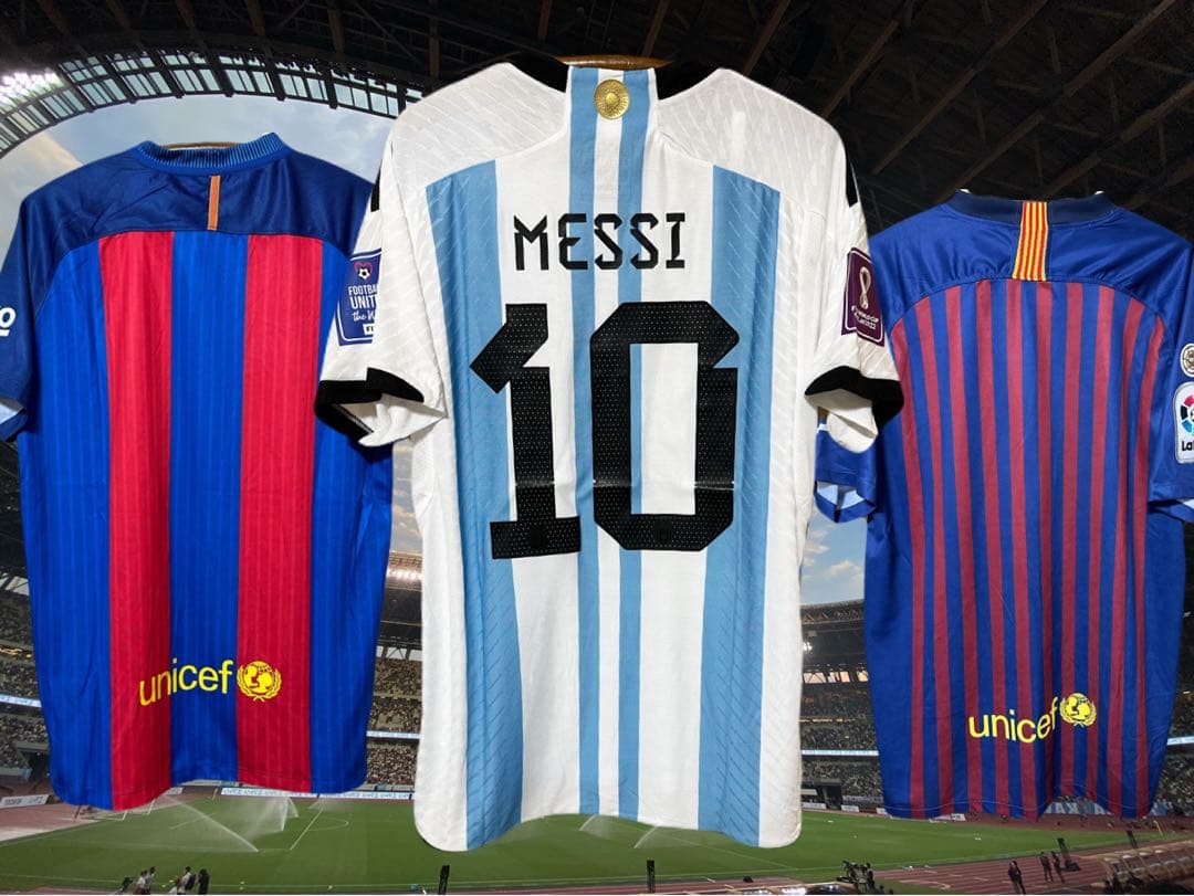 【メッシ直筆サイン入り3枚】 アルゼンチン代表•バルセロナユニフォームおまけ付き