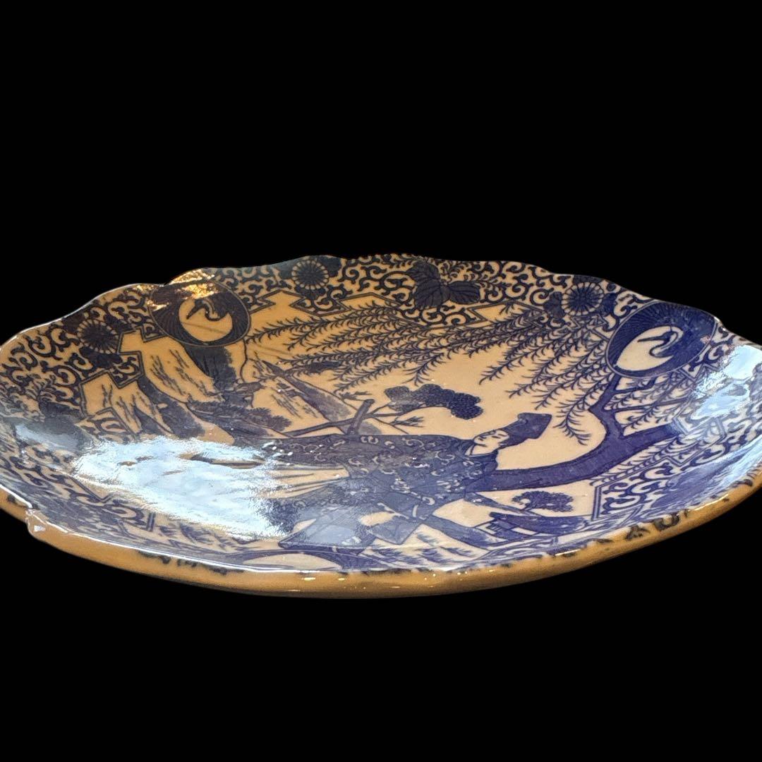 伊万里 アンティーク 染付 印判 中皿 輪花皿 貴人図 柳樹 鶴丸 見返し唐草