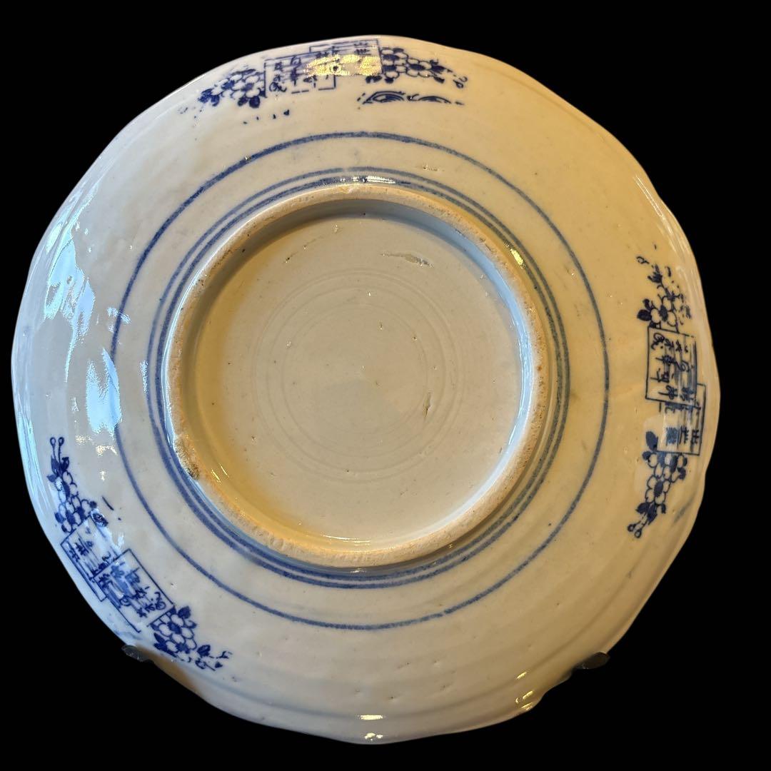 伊万里 アンティーク 染付 印判 中皿 輪花皿 貴人図 柳樹 鶴丸 見返し唐草