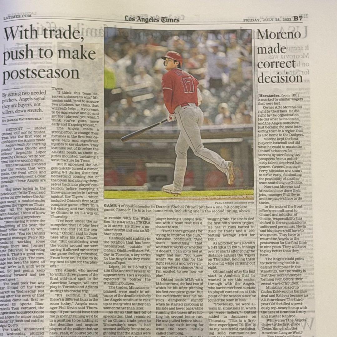 2023年7月28日付　ロサンゼルスタイムズ 【エンゼルス 大谷翔平 特集号】