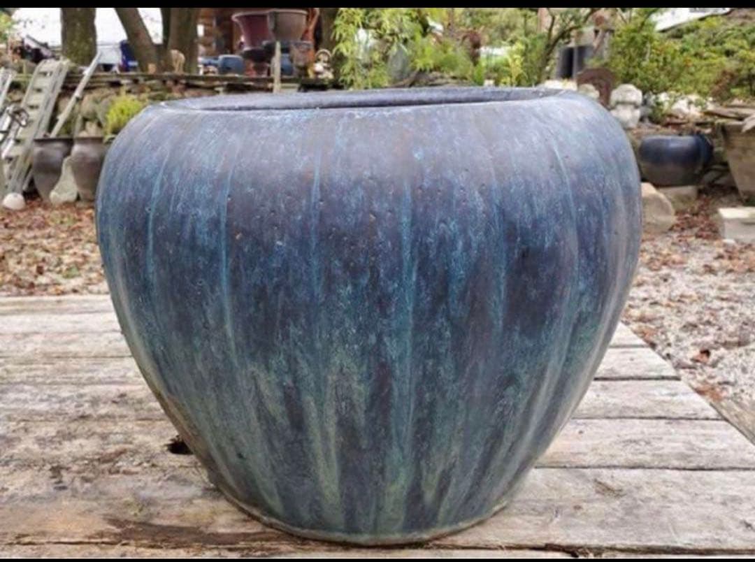 古中国火鉢　落款有り　海鼠釉薬　青緑色の陶器 火鉢　47×36㌢