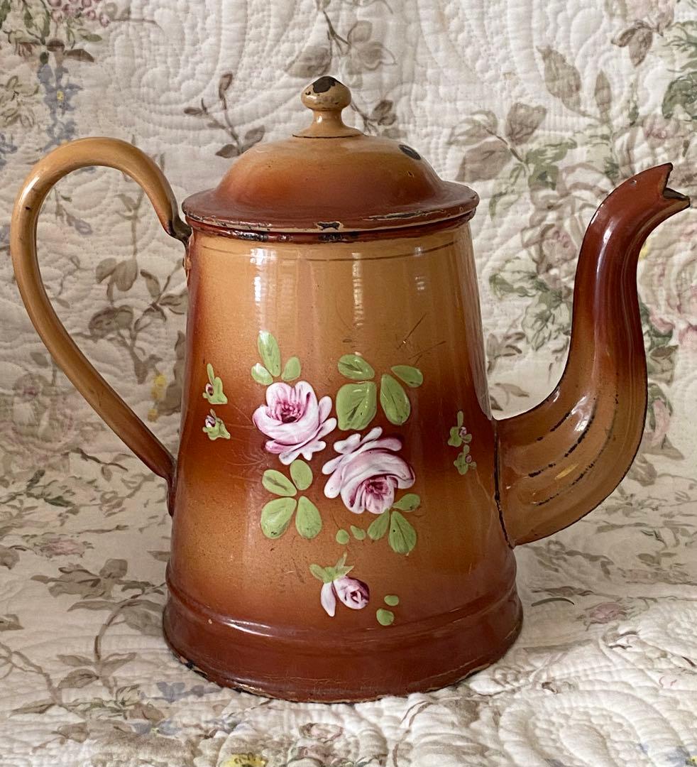 ＊フランスアンティーク＊ホーロー＊薔薇のポット＊