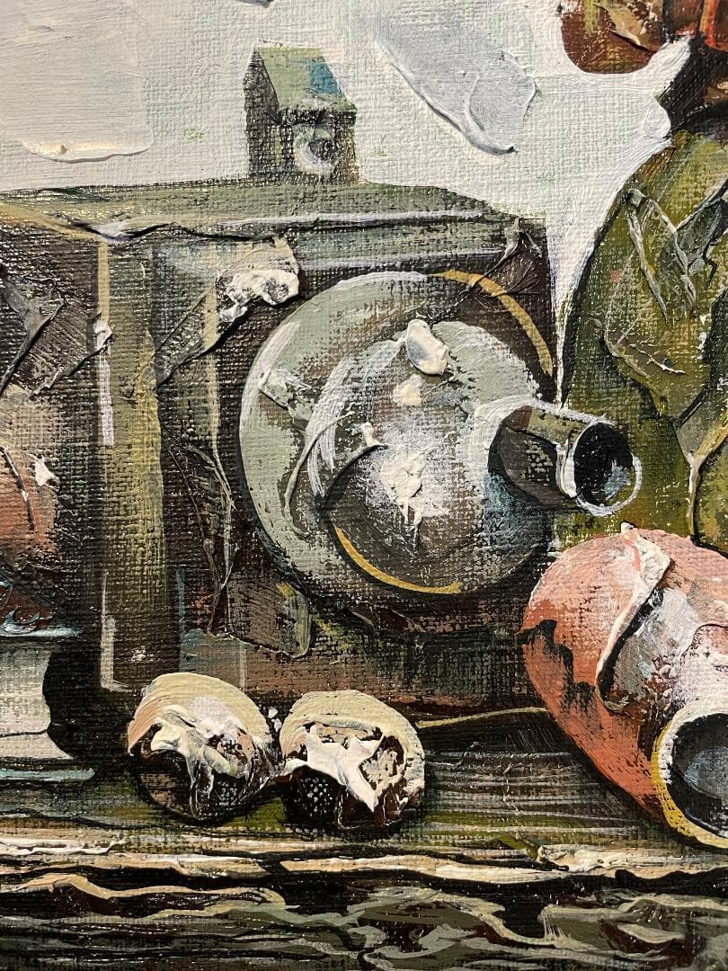 「真作」竹内敏彦『写真機』 静物画　油彩画　額装　サイン有り　F6号