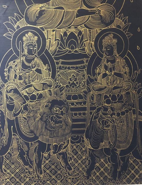 紺地金泥 釈迦三尊像 仏画 古画 日本画　希少　模写作品　送料込