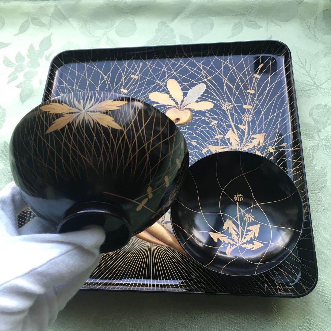 逸品　極上春の七草蒔絵　四方脚付膳　蓋付碗セット　B