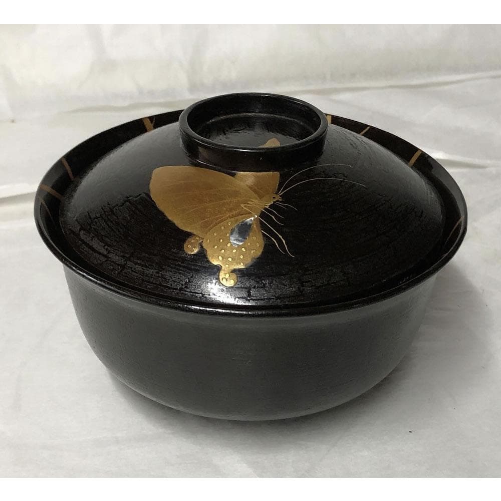 e2697 蝶蒔絵 煮物椀 五客 木箱入り 蒔絵 吸物椀 懐石道具