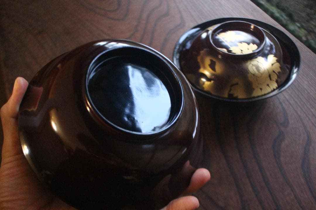 時代逸品！風情ある栗色漆に極上牡丹蝶蒔絵の映える大椀2点（検輪島塗蒔絵椀雑煮椀