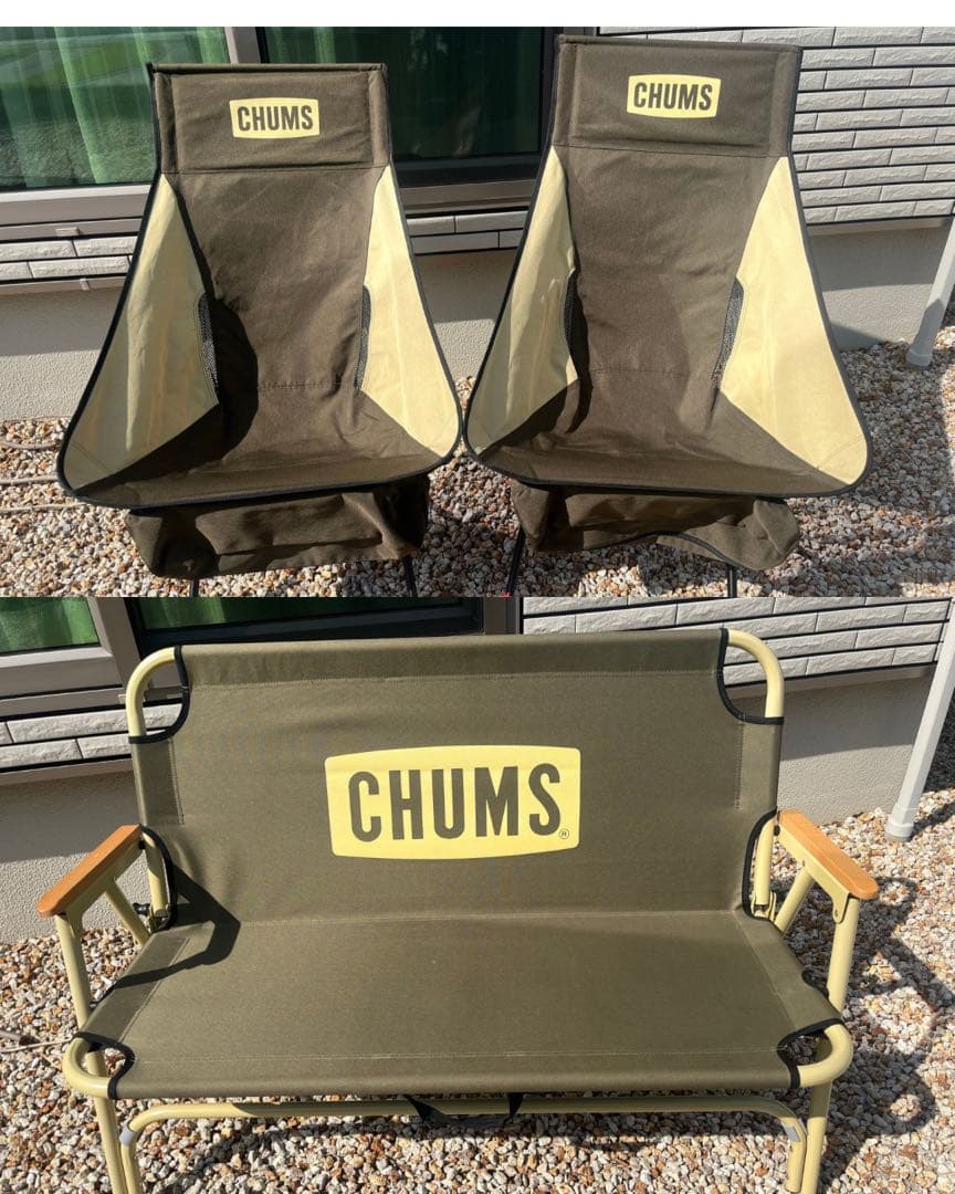 期間限定値引き！【廃盤】CHUMS キャンプチェア グリーン　2脚➕ベンチセット