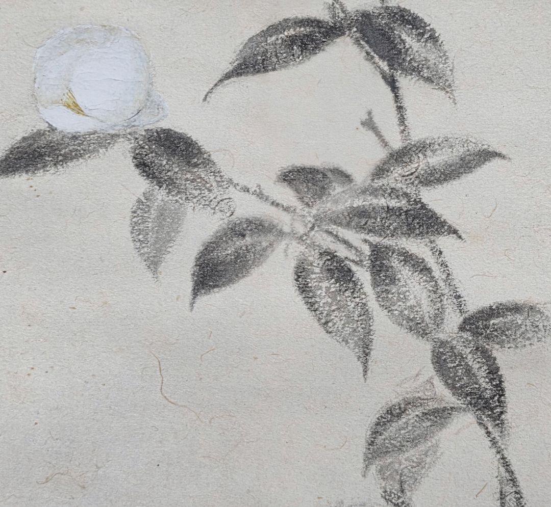 【白山茶花図】藤井浩裕 2721 彫刻家 共箱 掛け軸 肉筆