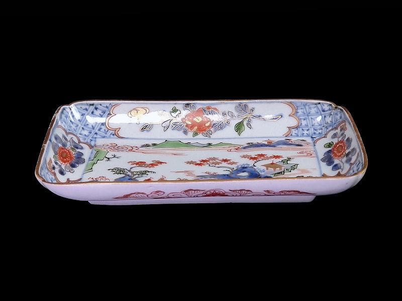 古伊万里　染錦　山水牡丹菊紋　長皿　柴田コレクション同手　E406AS-DBs