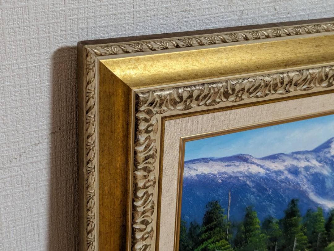 【真作】絵画　油彩6号　山影を映す高原の池　インテリア風景画　Z106