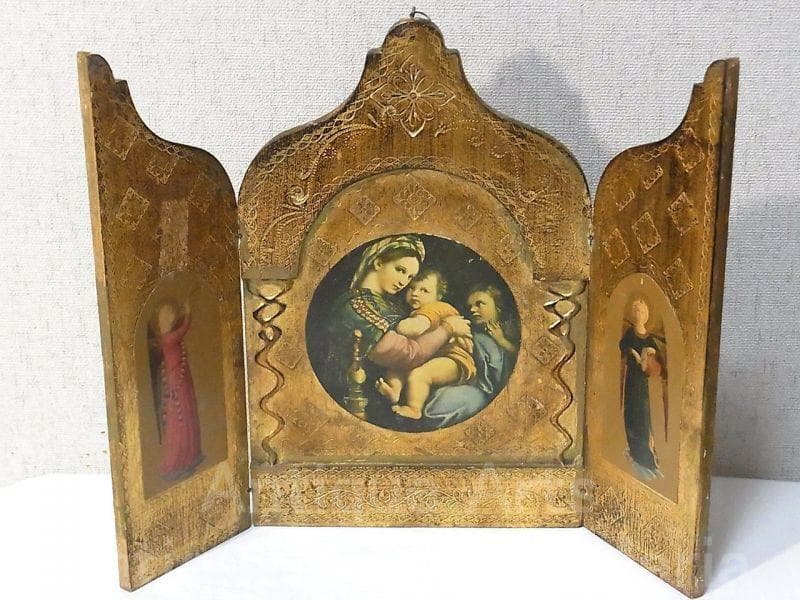 イタリア アンティーク ラファエロ・サンティ『小椅子の聖母』３枚続きの祭壇画