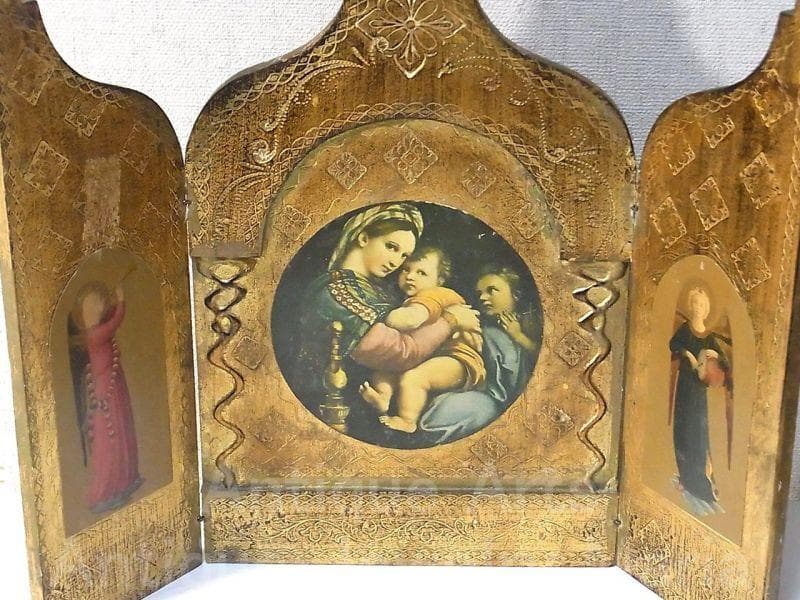 イタリア アンティーク ラファエロ・サンティ『小椅子の聖母』３枚続きの祭壇画