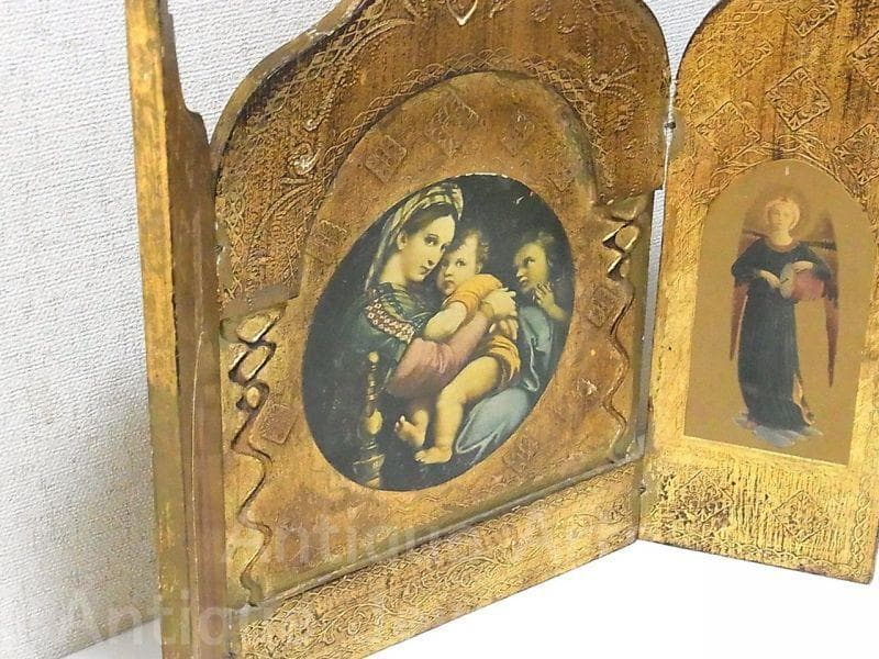 イタリア アンティーク ラファエロ・サンティ『小椅子の聖母』３枚続きの祭壇画