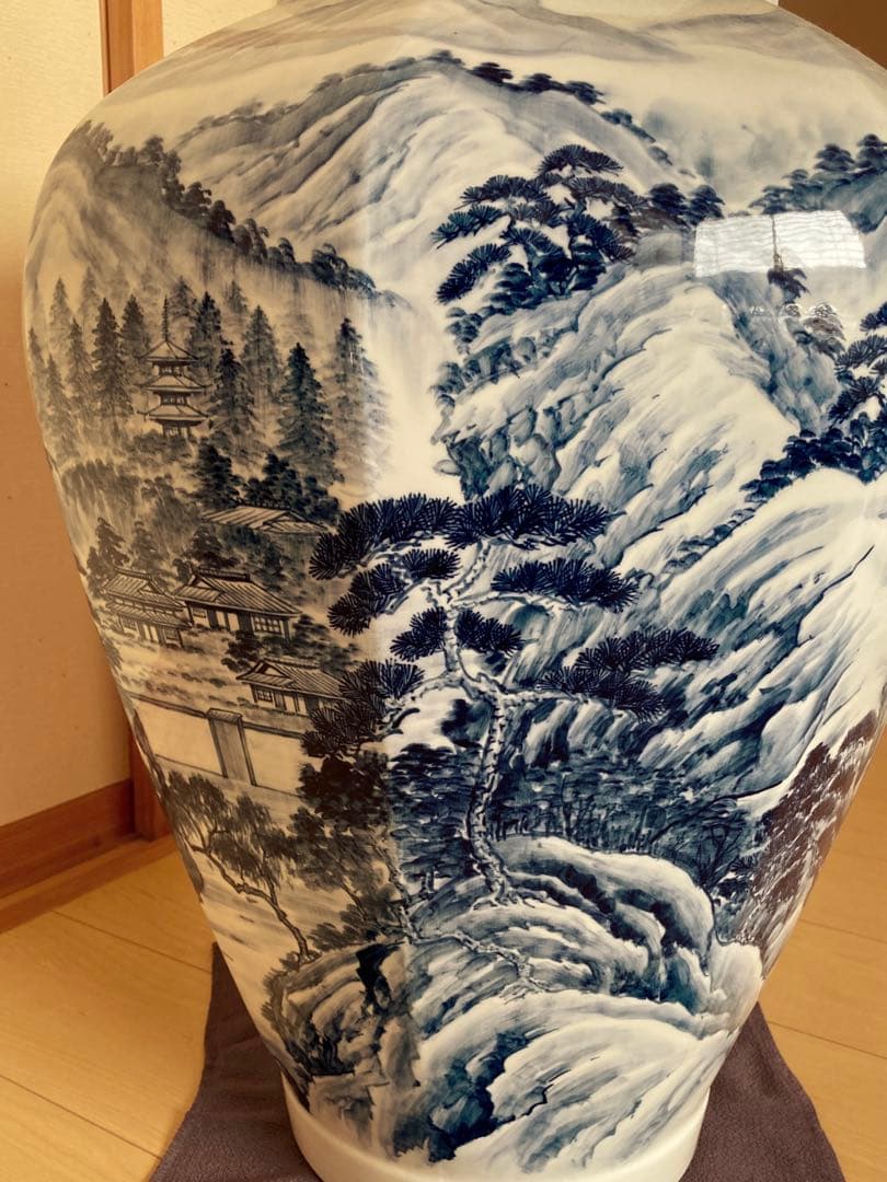 有田焼 藤井錦彩作 染付山水図 大壺 沈香壺 伝統工芸美術 陶磁器 和物骨董