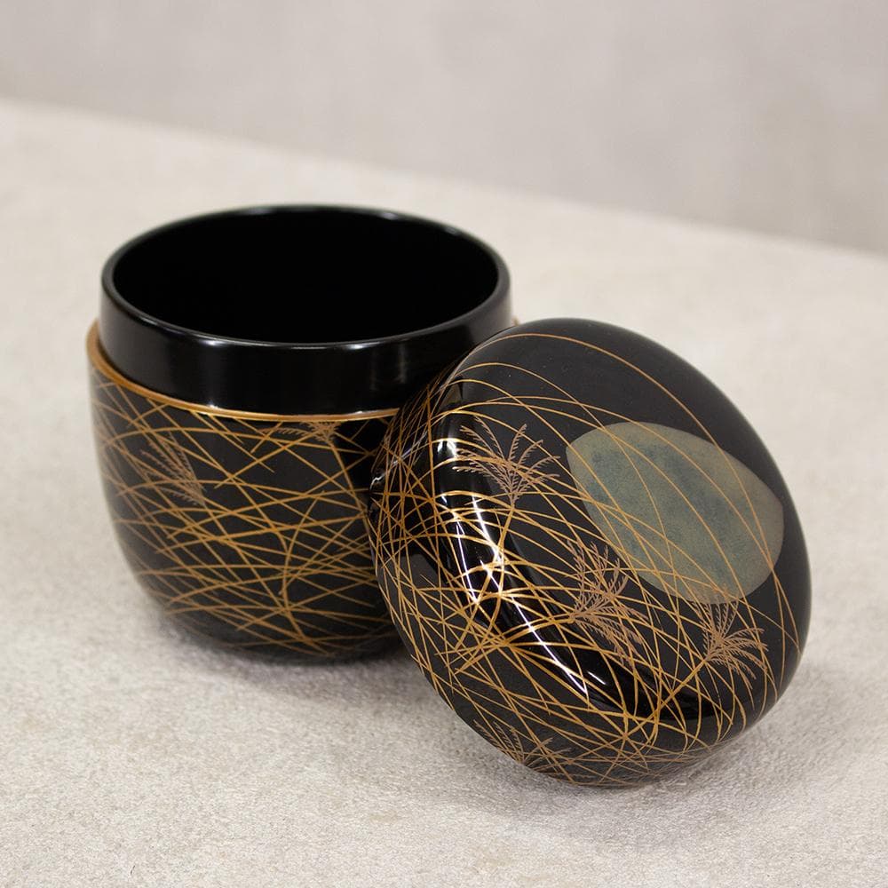 岡本漆専堂 棗 月にすすき 黒塗蒔絵銀彩 茶道具 共箱