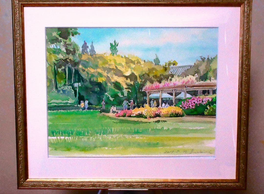 公園の風景 水彩画 金色フレーム付き F6サイズ