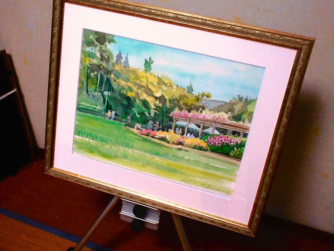 公園の風景 水彩画 金色フレーム付き F6サイズ