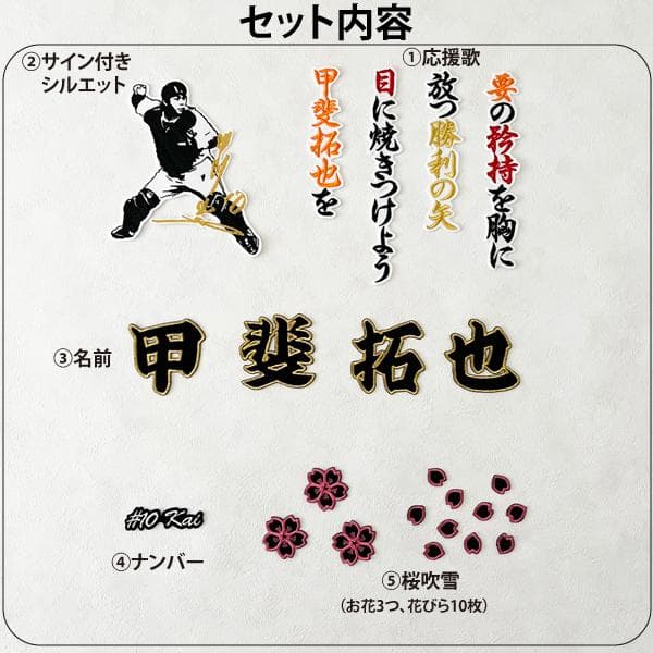 ジャイアンツ 巨人 甲斐拓也　刺繍ワッペン 5点セット【白】桜ふちピンク応援歌