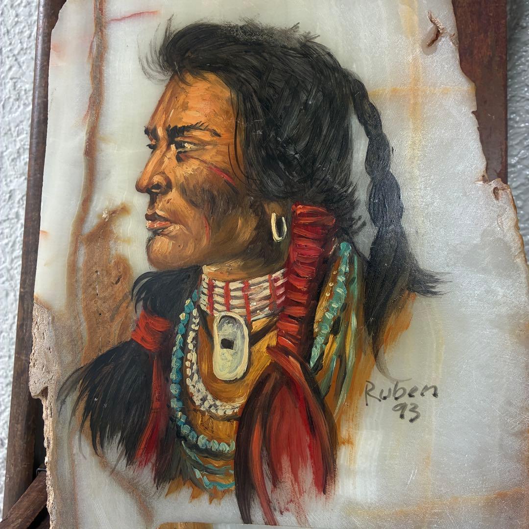 超レア！ネイティブアメリカン　インディアン大理石オブジェ絵USAヴィンテージ雑貨