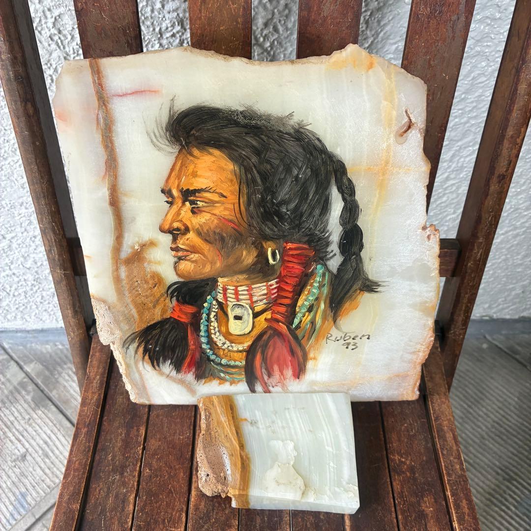 超レア！ネイティブアメリカン　インディアン大理石オブジェ絵USAヴィンテージ雑貨