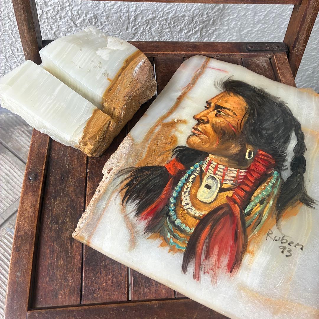 超レア！ネイティブアメリカン　インディアン大理石オブジェ絵USAヴィンテージ雑貨