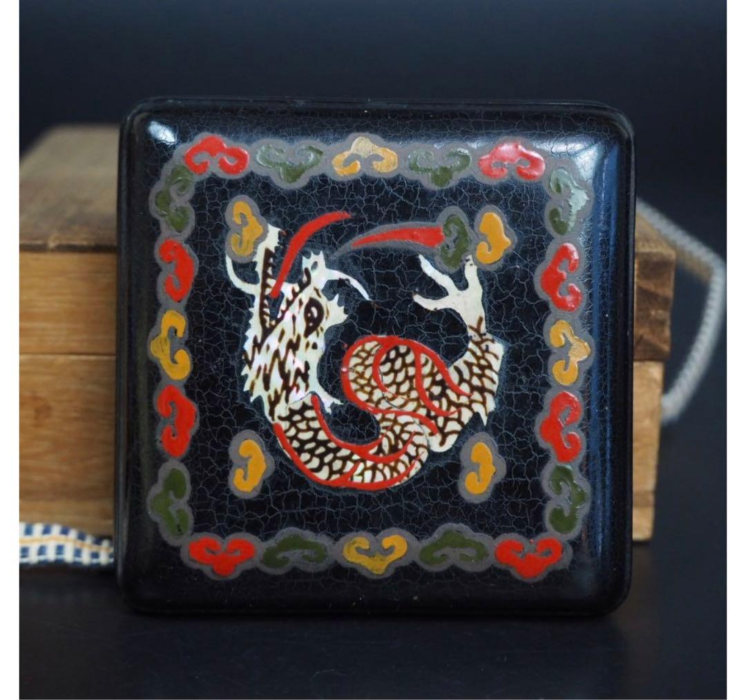 送料無料　時代物　螺鈿雲龍文香合　木箱付　茶道具華道具