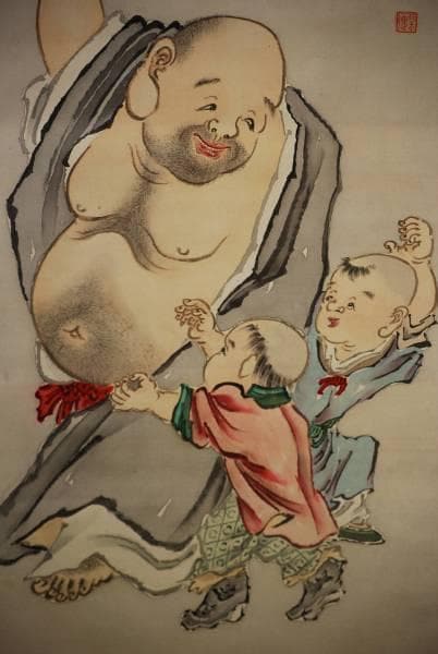 真作/千葉琴逸/布袋唐子図/布袋屋掛軸HC-712