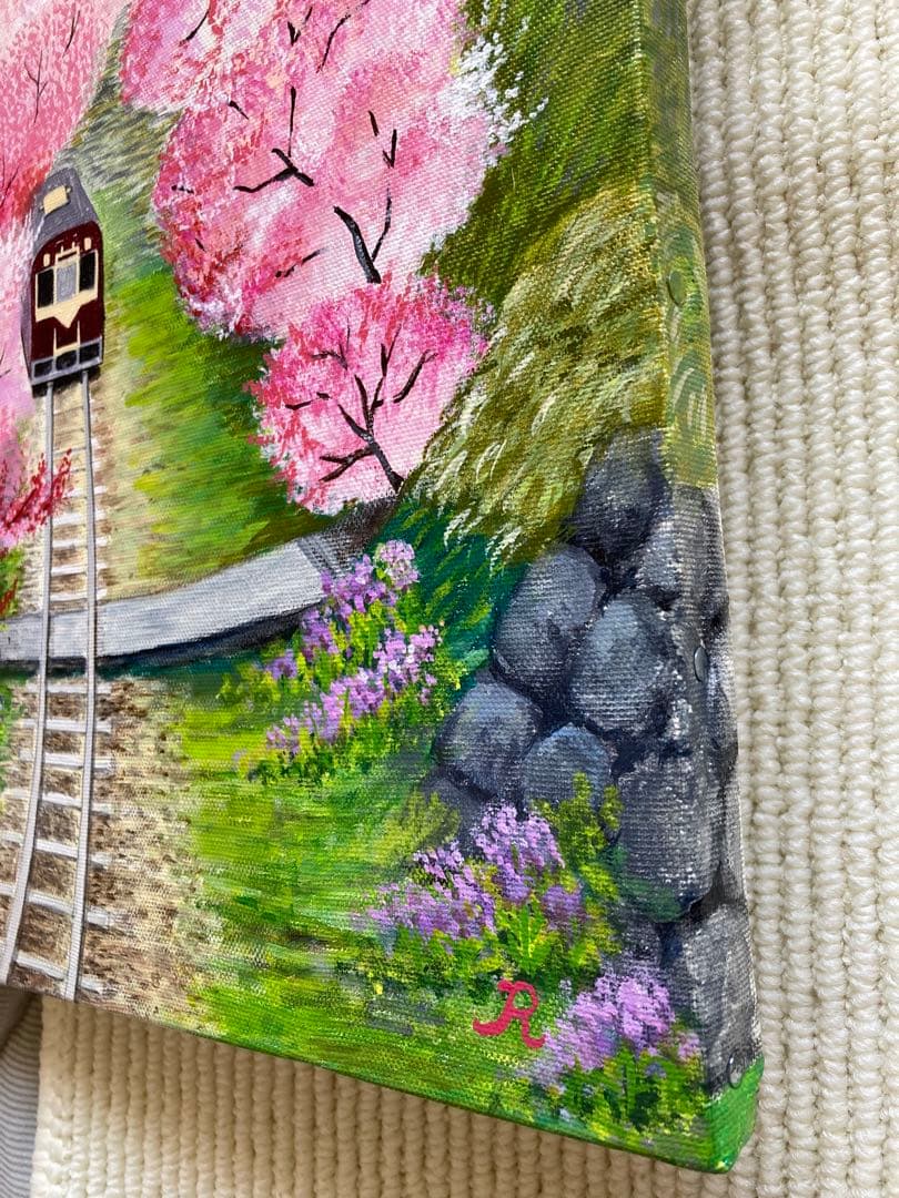 ご依頼品　花の絵　風景画　アクリル画　原画 「花桃のトンネル」F6「三春の滝桜」