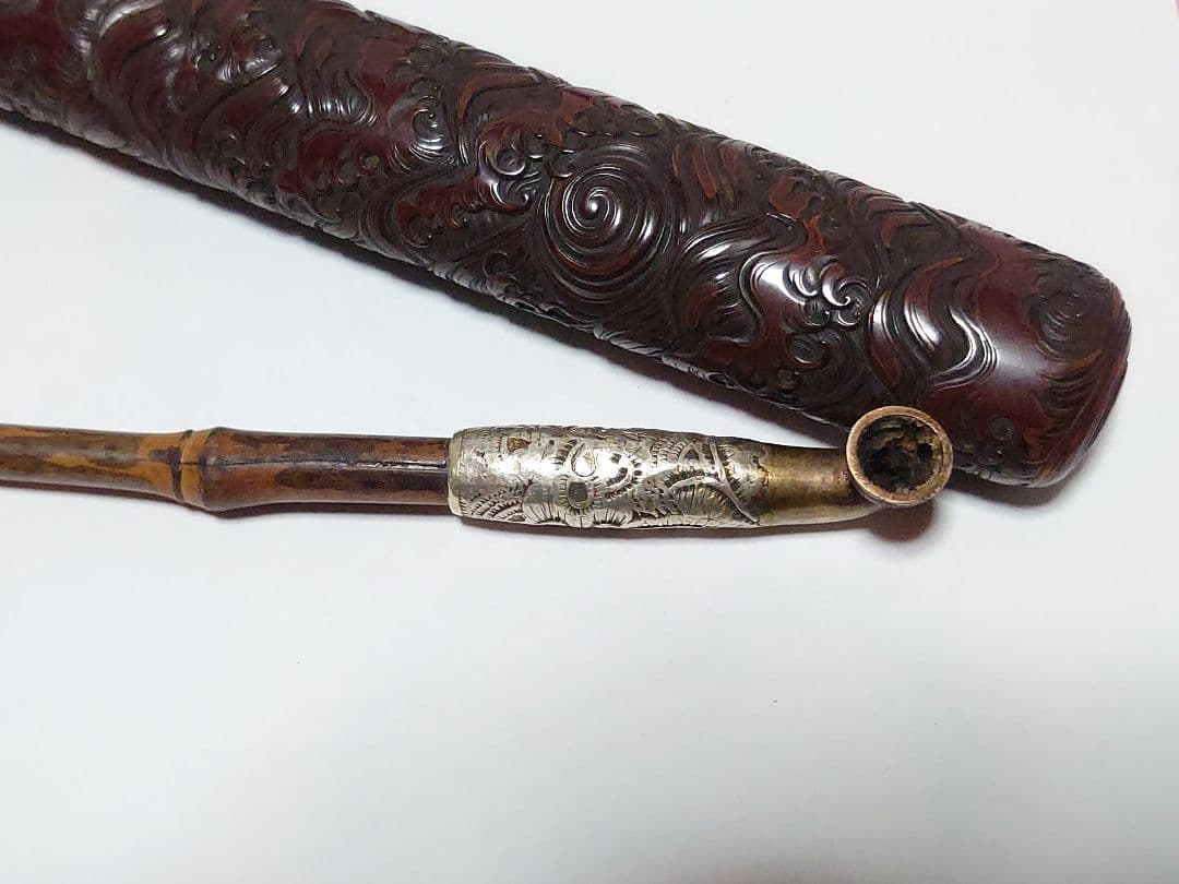 時代物 煙管 煙草入 煙管筒 金口 細工 彫刻 一式 骨董 アンティーク