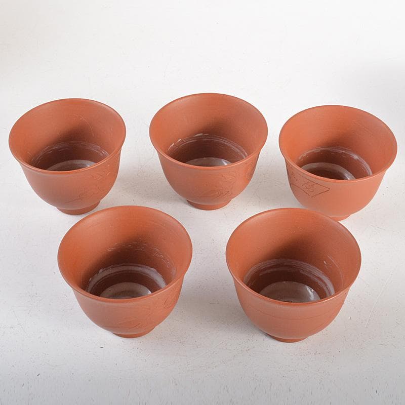 朱萬古焼　白雲陶園　朱泥　急須　湯冷　煎茶碗五客　煎茶器揃　共箱　6203C