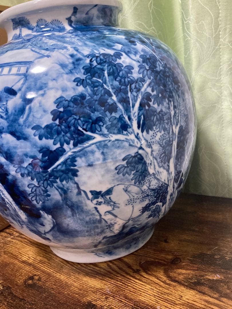 加藤芳州 染付山水大壺共箱共布 無形文化財保持者 楼閣山水文人画 骨董古美術