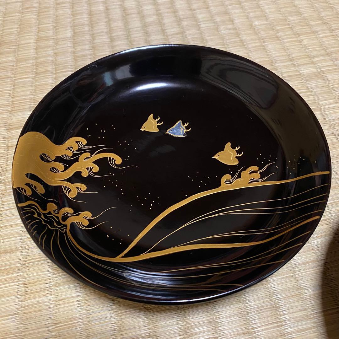 ◆時代 輪島塗 波千鳥 蒔絵 螺鈿細工 16cm皿 五客 銘々皿 菓子器