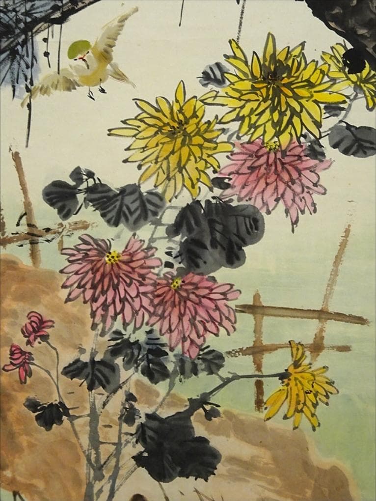 掛軸 胡健華『東籬秋色 花鳥図』中国画 紙本 肉筆 掛け軸 p082910