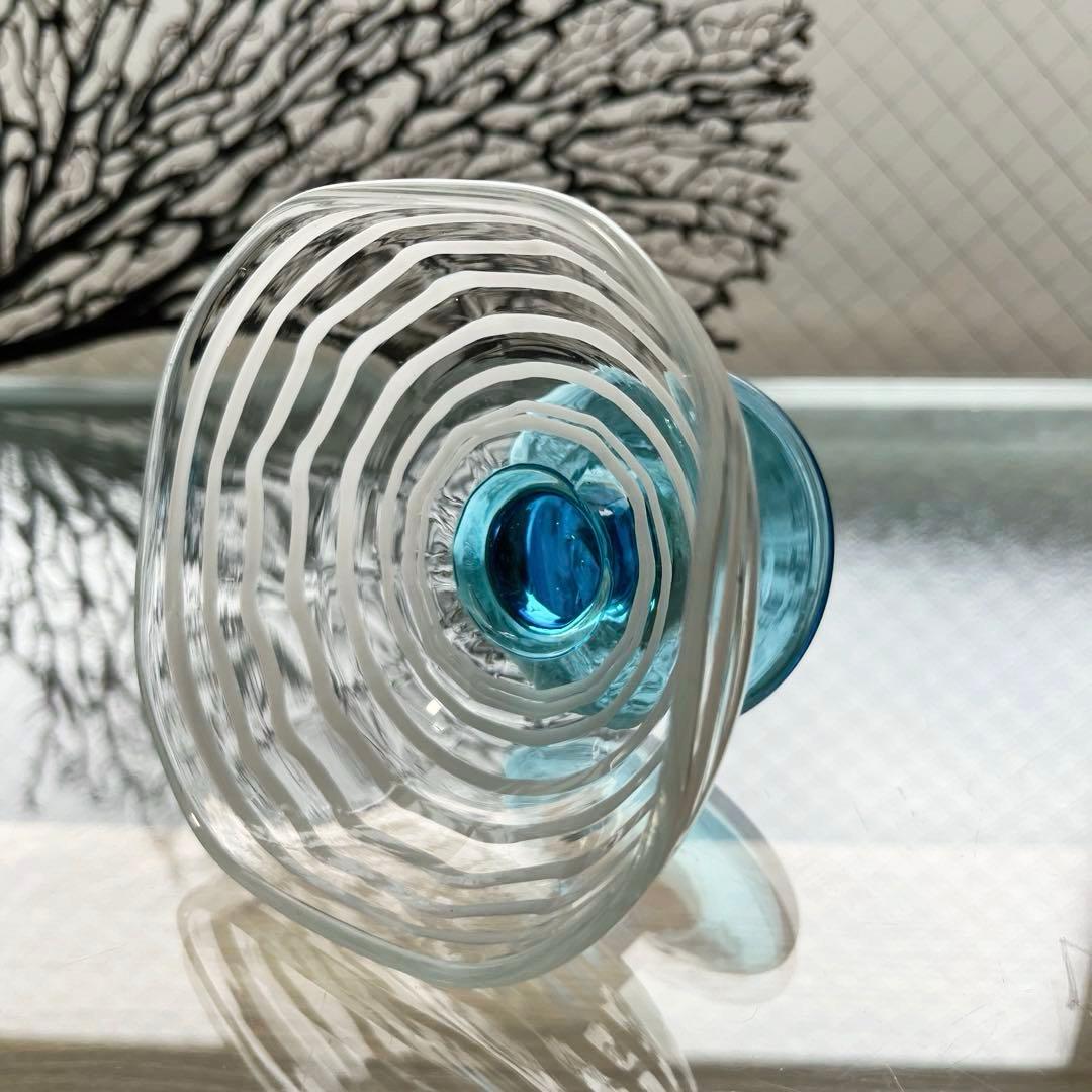 骨董　時代ガラス　超希少　四角型　白糸巻紋　水色脚付　氷コップ　ウラン