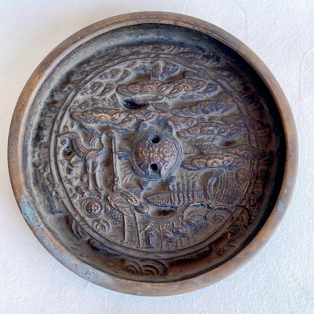 江戸期 古鏡 銅鏡 和鏡 円鏡 鶴亀松文 浮彫 金工細工 天下一 銘有 骨董