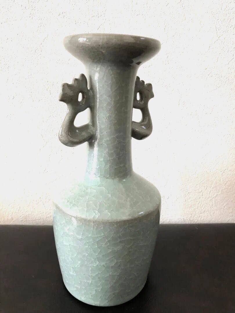 【未使用】軌窯　久田重義 作　青瓷鳳凰耳花生　希少　常滑焼　花入　花瓶