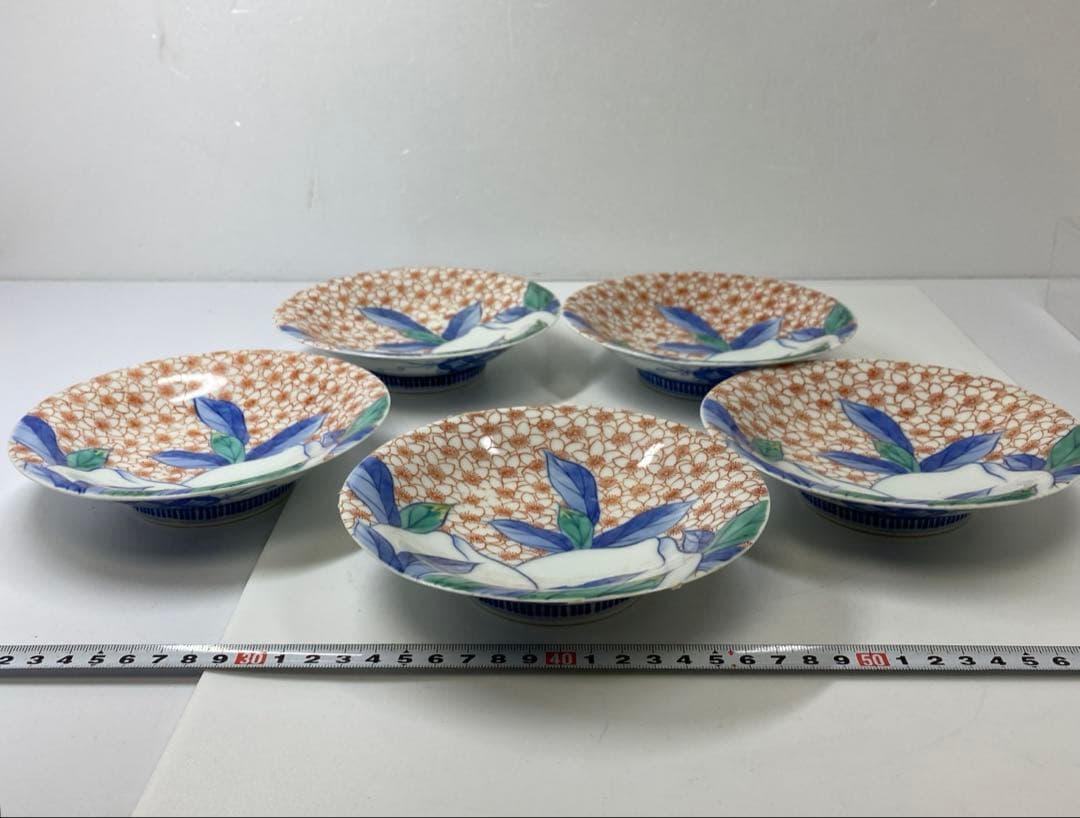 時代　色鍋島　中皿5枚　直径15.5㎝　木箱付　東さ7-0323①