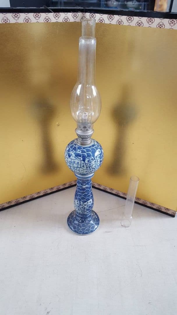 AKa5771　古地図　天保年製　陶器製　オイルランプ　高さ　約５５．５ｃｍ