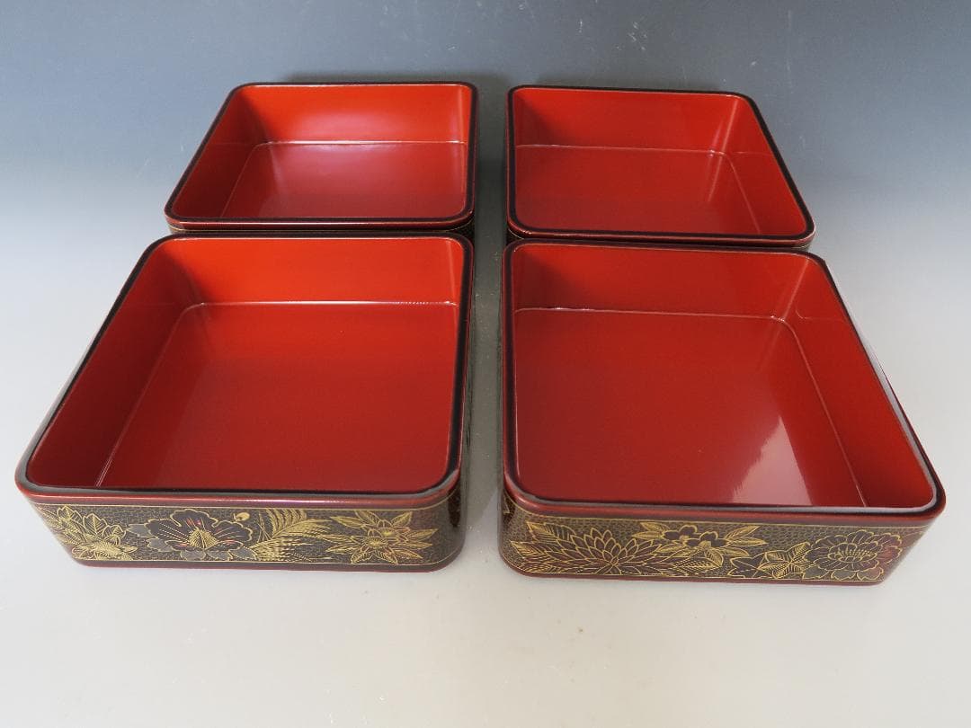 【輪島塗】溜塗 四季草花沈金 二段重 二セット ※底名あり 内朱塗 天然木 共箱