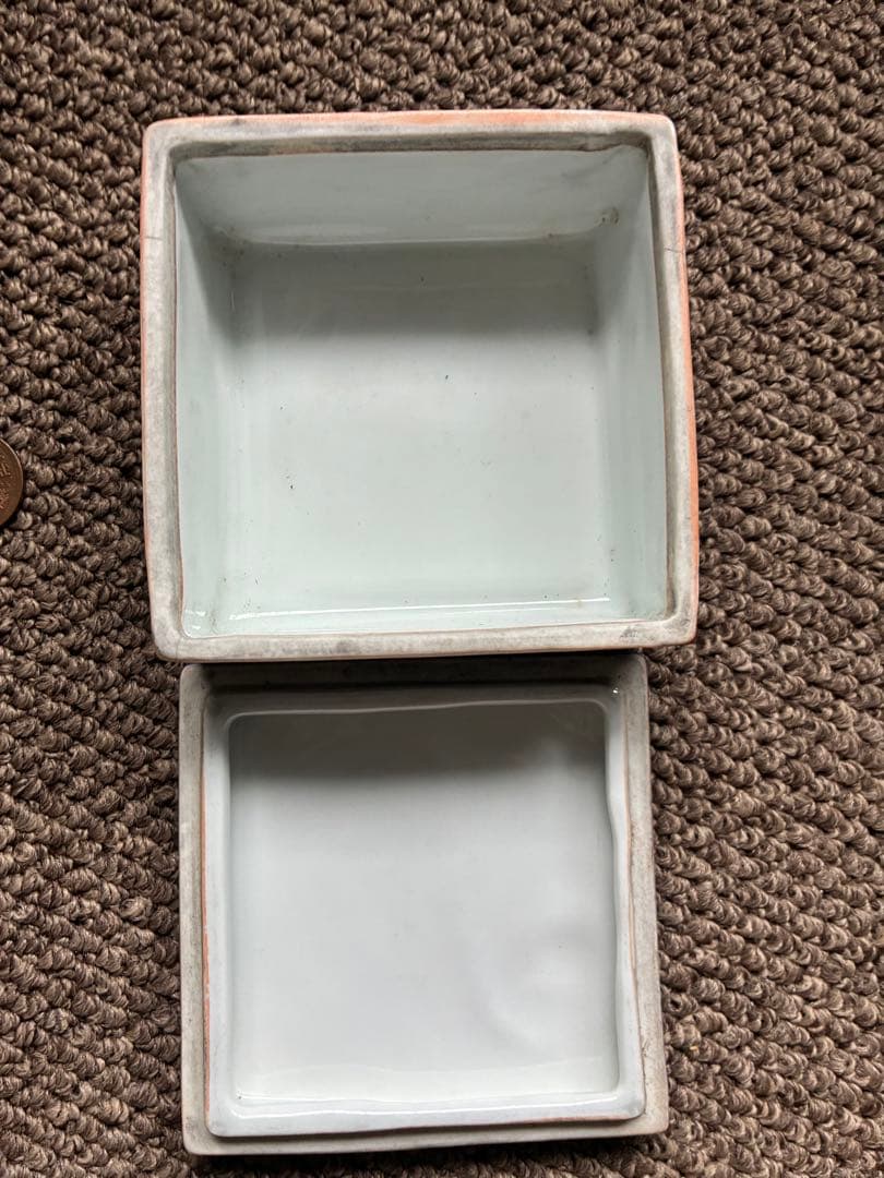 花鳥模様の陶器製小箱　食鉢　寿峰作　木箱付き　昭和