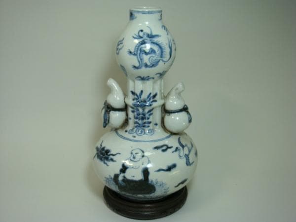 花瓶■中国古い染付 徳利型 瓢箪耳付き 鶴 龍紋 人物 古壷 景徳鎮 古玩 唐物