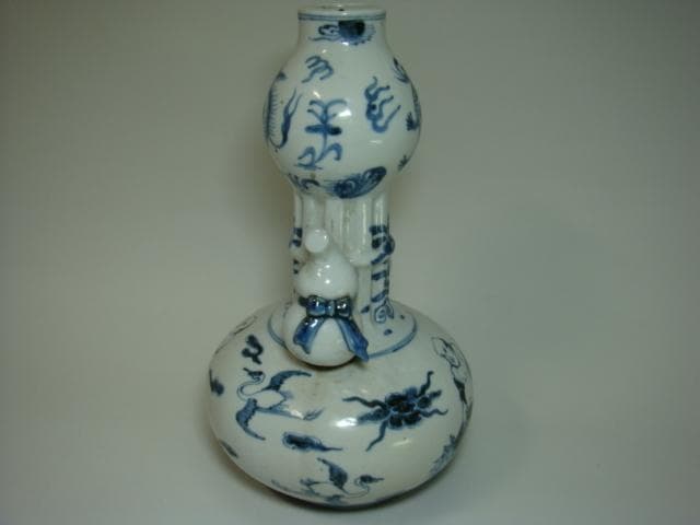 花瓶■中国古い染付 徳利型 瓢箪耳付き 鶴 龍紋 人物 古壷 景徳鎮 古玩 唐物