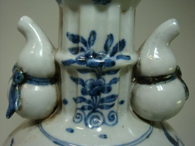 花瓶■中国古い染付 徳利型 瓢箪耳付き 鶴 龍紋 人物 古壷 景徳鎮 古玩 唐物