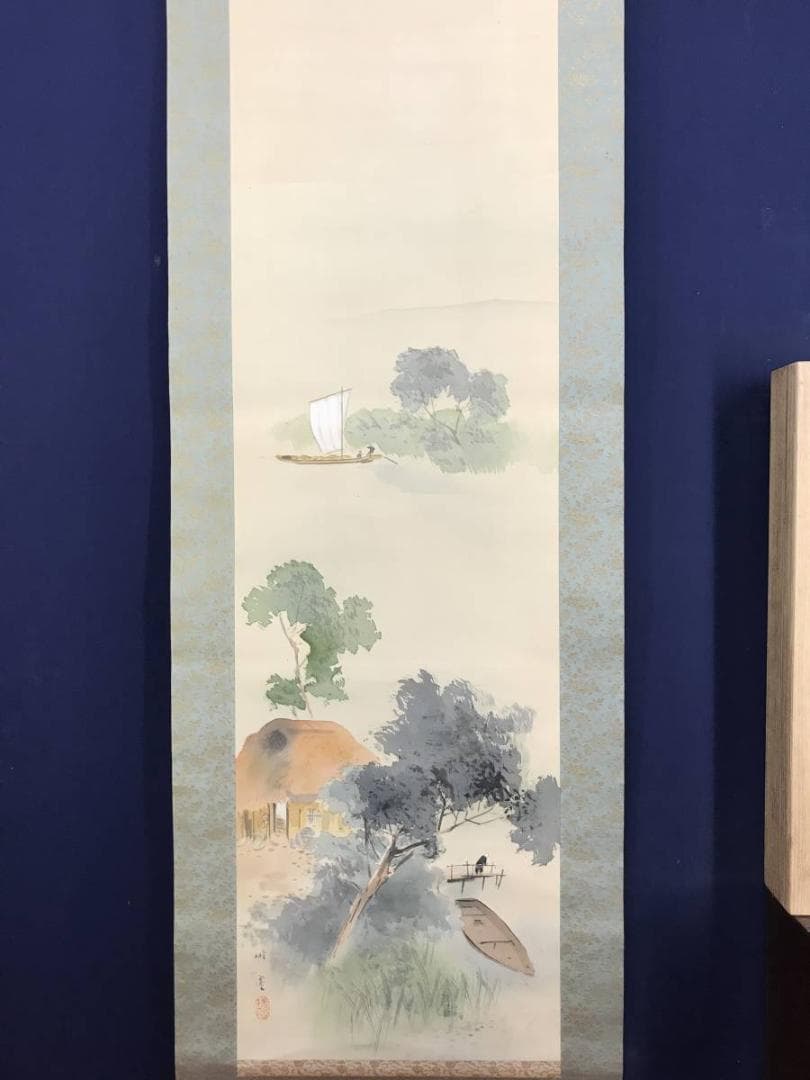 【真作】加畑桃僊/湖畔涼風図/山水図/初夏図/掛軸☆宝船☆AD-448